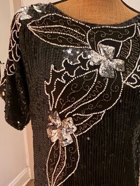 Vintage 80s Joseph Le Bon 100% Silk Beaded Sequin Trophy Top